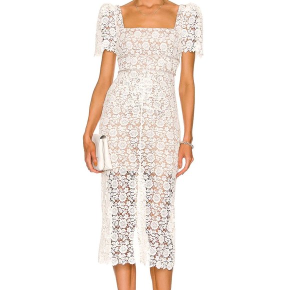 SELF-PORTRAIT Floral Guipure Midi Dress in Ivory